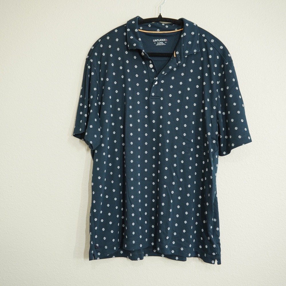 UNTUCKit Men's XL Damian Navy Blue Floral‎ Daisy Pima Cotton Polo Shirt